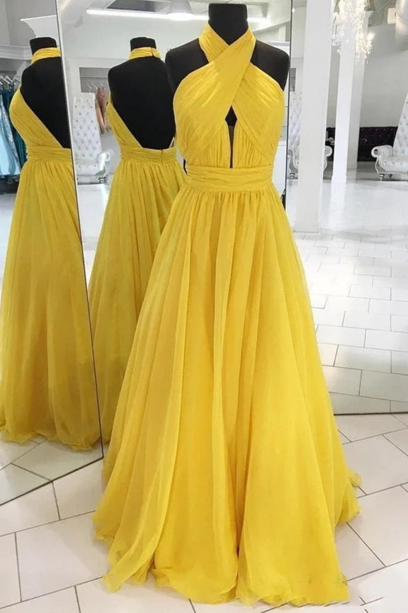 Yellow Halher Backless A-Line Prom Party Dress Tunics Review highly