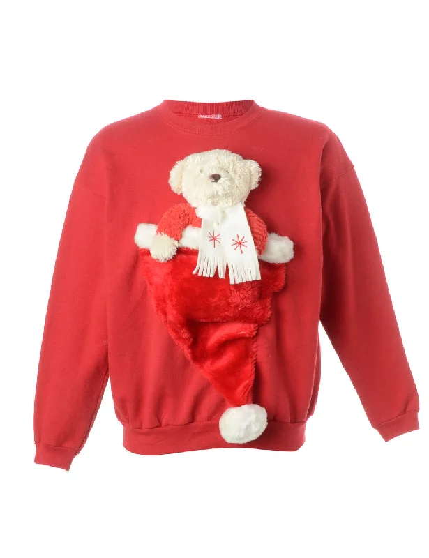 Reworked Novelty Christmas Sweatshirt - XL Hoodie with Button Placket Classic Preppy