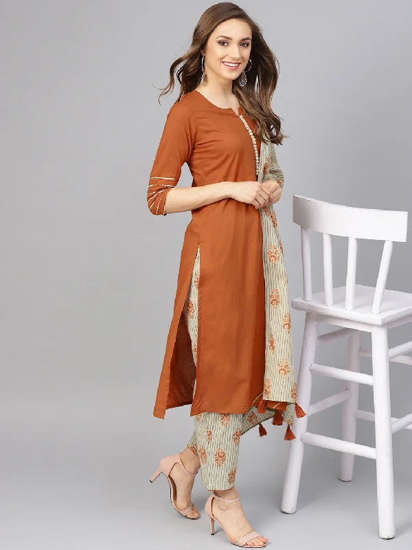 Women's Rust Kurta With Printed Pants And Dupatta - Idalia Elegant Silk Pants