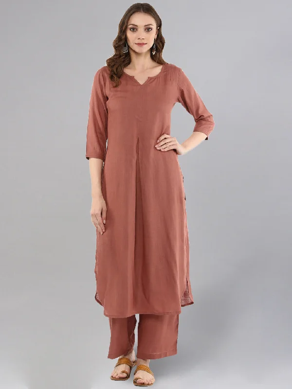 Women's Rose Gold Straight Solid Kurta With Palazzo Pants - Idalia Stylish Elastic Waist Pants