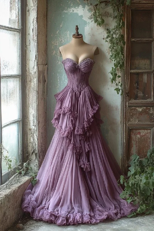 A Line Purple Sleeveless Party Dress Tulle Long Prom Dress      cg25268 Tunics Spring floral