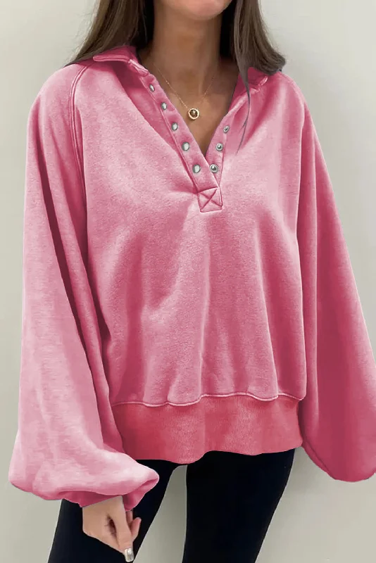 Snap Buttons Collared Balloon Sleeve Oversized Sweatshirt Hoodie with V-Neck Classic Versatile