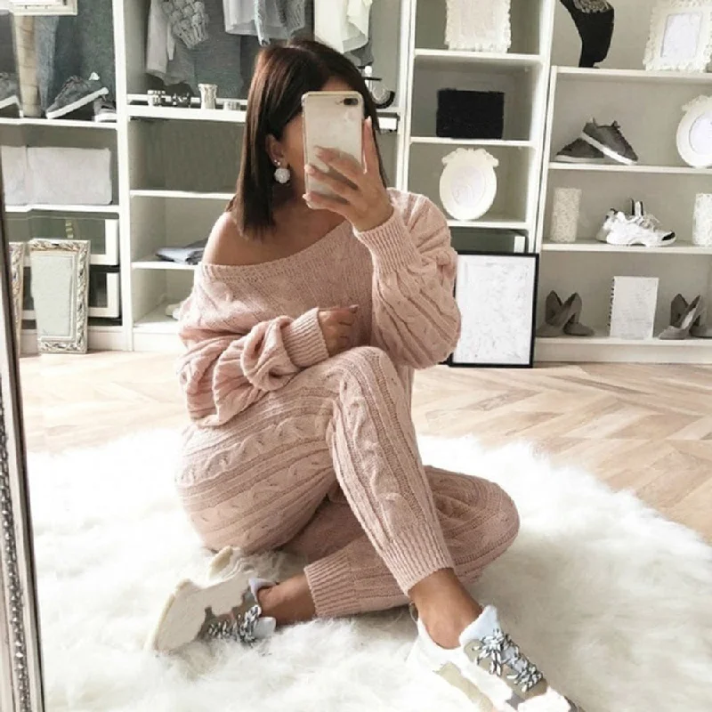 Top+Pants Knitted Suit O-Neck Women Outwear 2 Piece Set Fashionable Sporty Pants