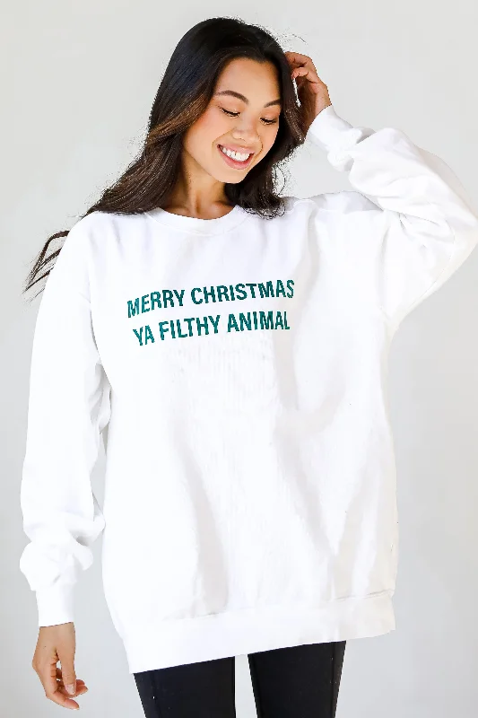 White Merry Christmas Ya Filthy Animal Sweatshirt Hoodie with Reflective Safety Nightwear