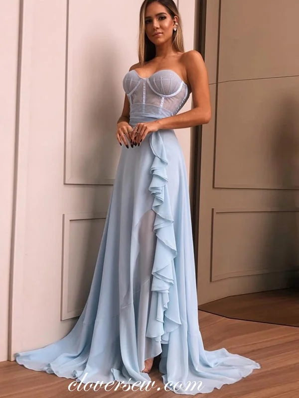 Pale Blue Chiffon Sweetheart Strapless A-line Party Dresses, CP0692 Off-the-shoulder Bohemian Festive