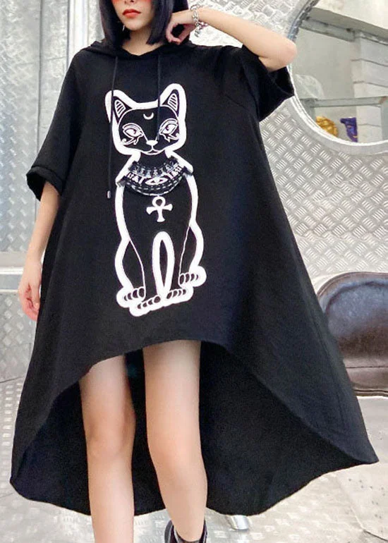 Organic Black Hooded drawstring low high design Print Sweatshirts dress Spring Hoodie with Metallic Shiny Futuristic