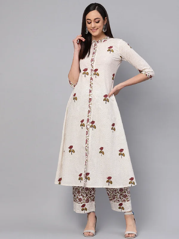 Women's Off White Hand Block Print Kurta With Printed Palazzo Pants - Idalia Formal Slim Pants