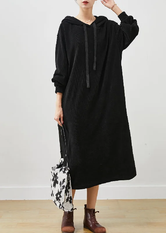 Black Oversized Corduroy Sweatshirt Dress Hooded Spring Hoodie with Hem Fringe Bohemian Relaxed