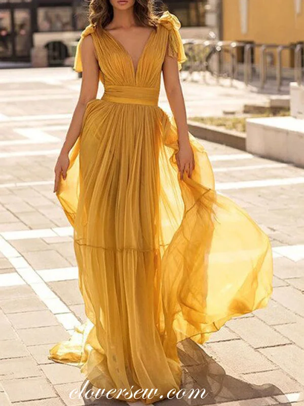 Yellow Chiffon Sleeveless V-neck Charming Flowy Party Dresses, CP0806 Tunics Corduroy durable