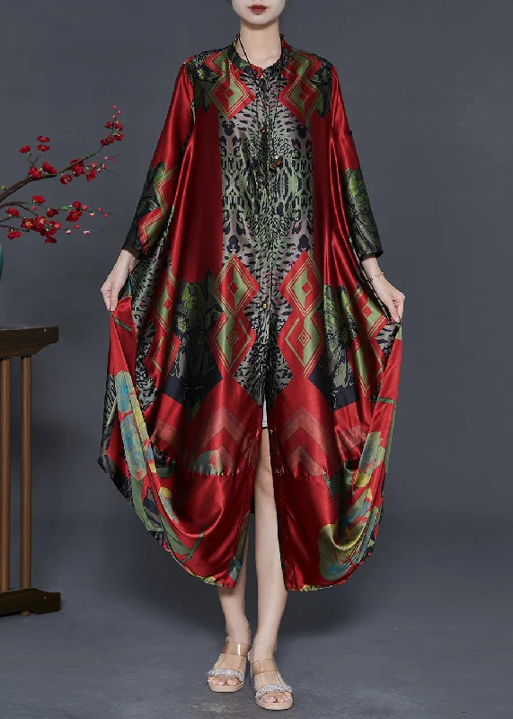 Art Red Oversized Print Silk Party Dress Fall Tunics Occasion special