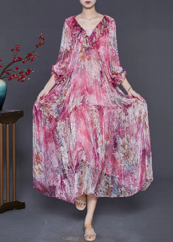 Boho Rose Ruffles Print Silk Party Dress Spring Tunics Stylish modern