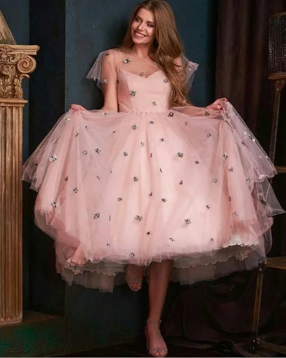 Pink Tulle party Dresses,Tea Length Prom Dresses      cg23200 Tunics Spring floral