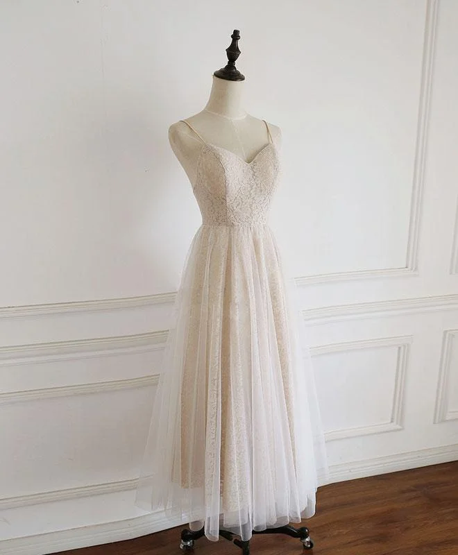 Light Champagne Lace Straps Sweetheart Party Dress Formal Dress, Tea Length Wedding Party Dress prom dress, evening dress    cg23601 Crew Neckline Sporty