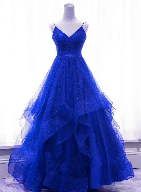 Royal Blue Shiny Tulle V-Neckline Straps Long Party Dress, A-Line Tulle Prom Dress Evening Dress   cg21830 Tunics Evening elegant