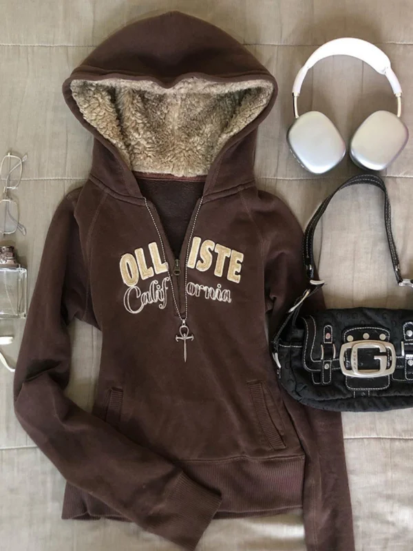 Original coffee color letter plus velvet hooded sweatshirt Hoodie with Hood Adjustable Protection