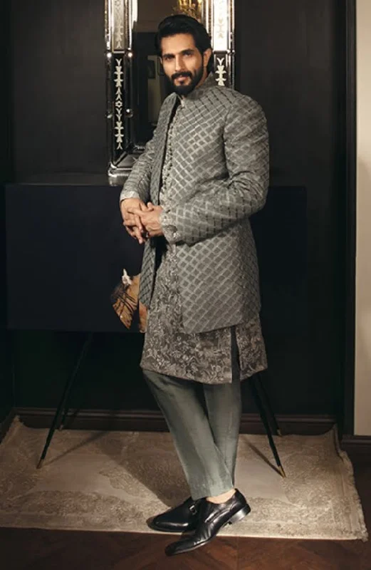 Prince Coat Paired with Embroidered Kurta and Raw Silk Pants Chic Checkered Pants
