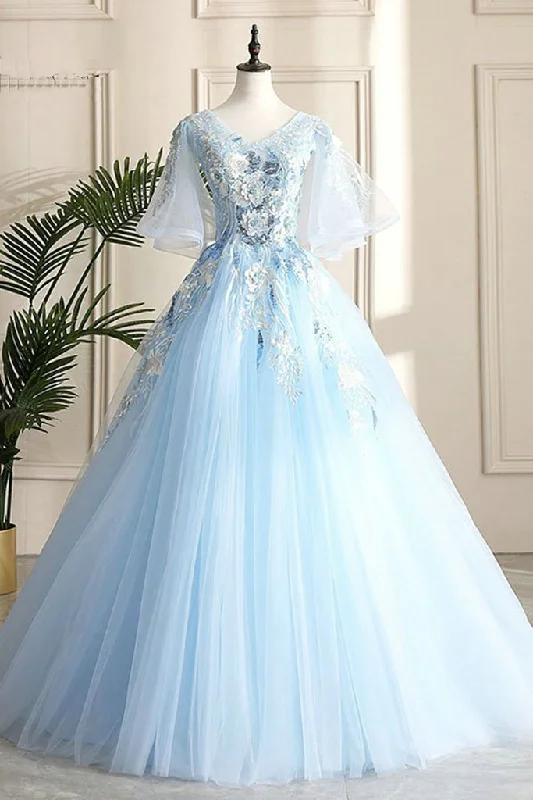 Floor Length Blue Evening Party Dress School V-neck Lace Flowers Lace-up Back Fashionable Long Prom Dress Ball Gown   cg13884 empire Waist empire