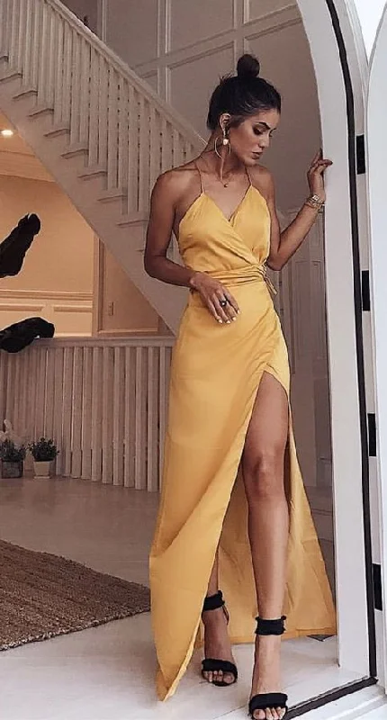 v-neck yellow long prom dress，high slit sexy evening dress，sexy party dress cg487 Tunics Fleece cozy