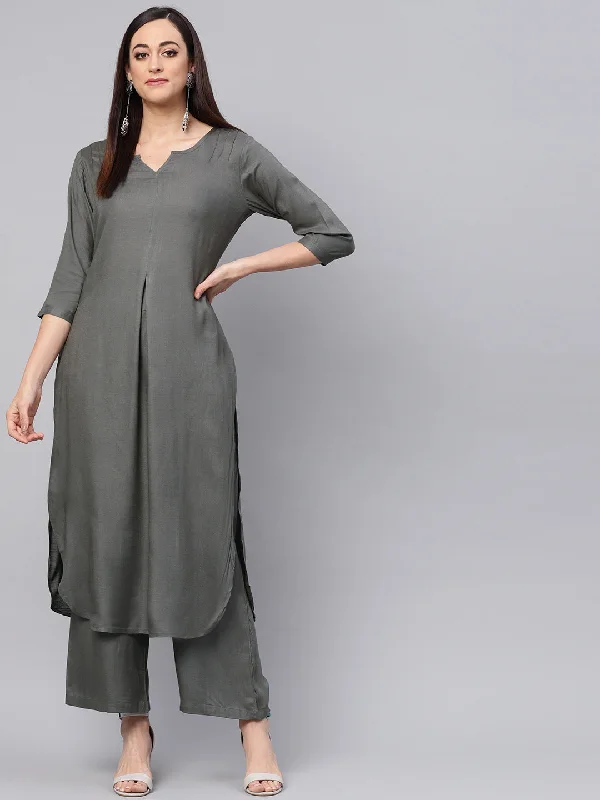 Women's Grey Kurta With Palazzo Pants - Idalia Chic Wool Trousers