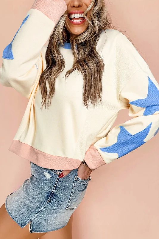 Star Patchwork Exposed Seam Oversized Sweatshirt Hoodie with Back Slit Movement Comfort