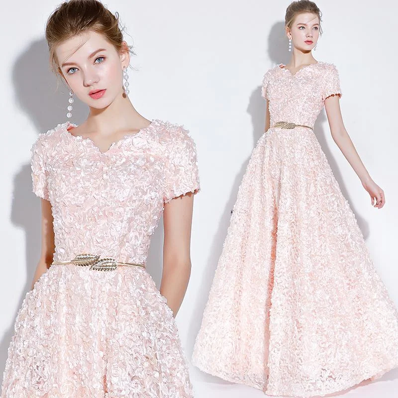 Pink Lace A-Line Cap Sleeves Floor Length Party Dress, A-Line Pink Prom Dress Formal Dress        cg23036 Tunics Timeless classic