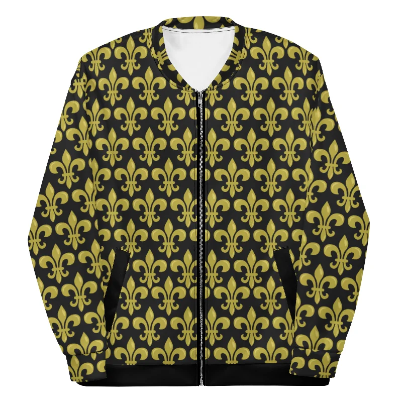 Fleur De Lis Black & Gold Unisex Bomber Jacket Shimmer Sequin Bomber