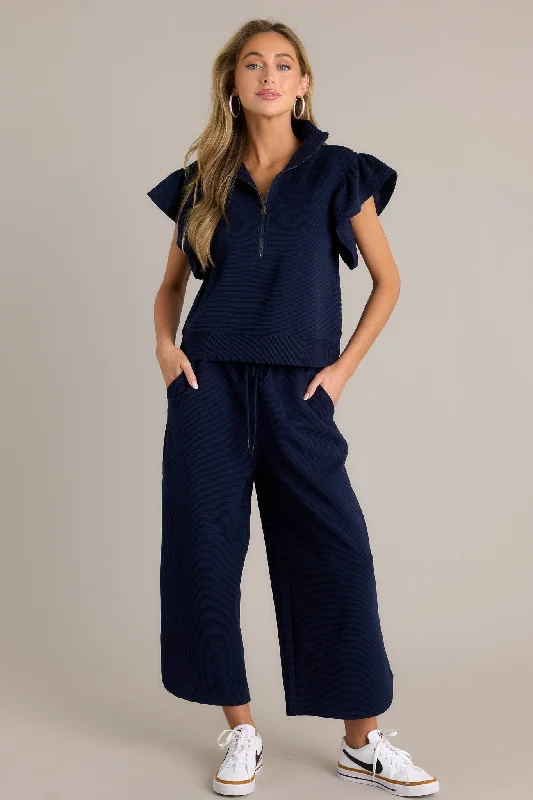 Sand Dune Navy Ribbed Wide Leg Pants High-Waist Jeans