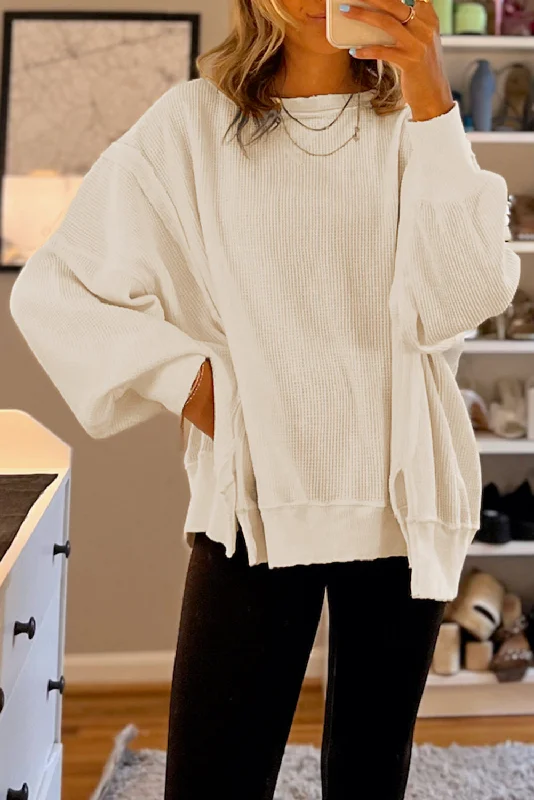 Waffle Knit Bishop Sleeve Split Oversized Sweatshirt Hooded Sweatshirt Casual Wear Street Style