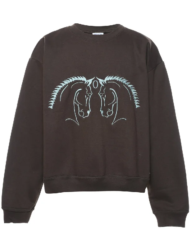 Brown & Light Blue Horse Print Animal Sweatshirt - M Hoodie with Hem Patch Decorative Personalized