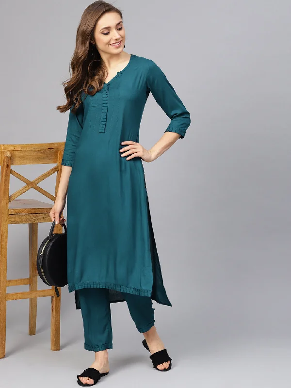 Women's Teal Color Kurta With Pants - Idalia Relaxed Linen Pants