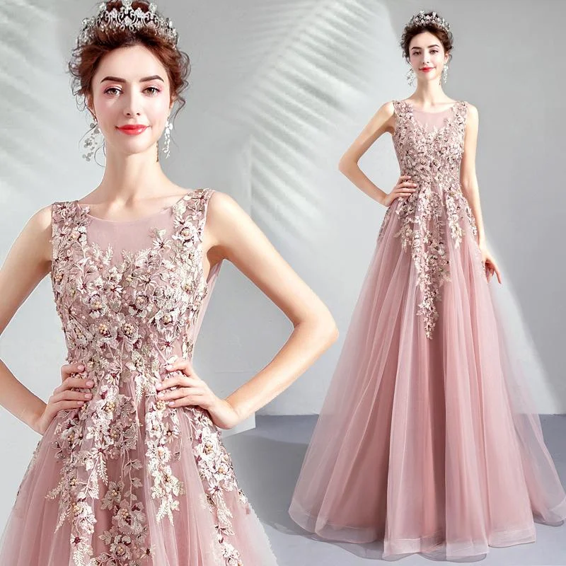 Pink Tulle Flowers V-Neckline Long Formal Gown, Lovely Pink Tulle Prom Dress Party Dress   cg21917 Tunics Silk luxurious