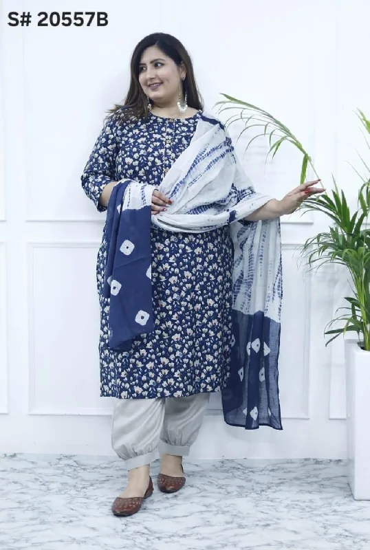 [Ready SG Stock 5 Colors- Size 3XL to 6XL] Soft Self Shine Musline Cotton Plus Size 3 Pcs Punjabi Suit With Afgani Pant & Chiffon Dupatta- Indian Dresses Stylish Paperbag Waist Pants