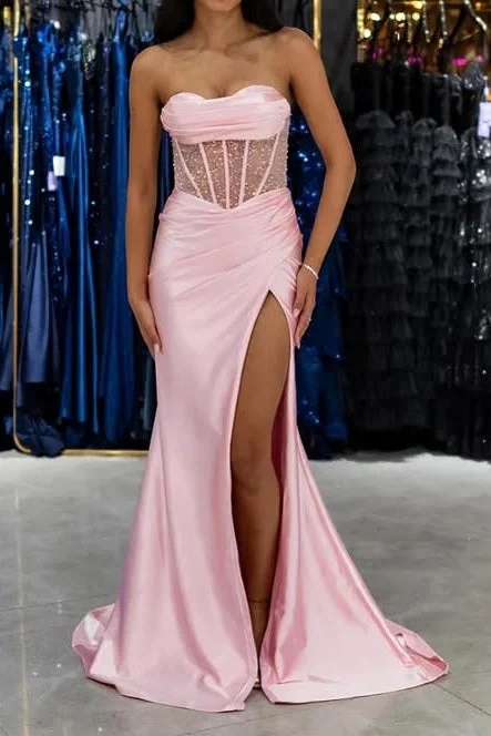 Sweetheart Sleeveless Mermaid Prom Party Dress With Slit Glittery Long Formal