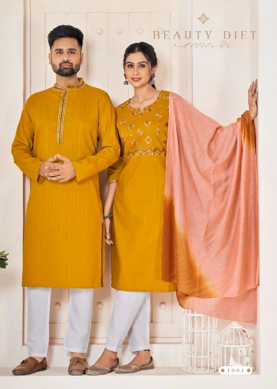 Festival Couple combo of Kurta with Pajama & Kurti with Pants & Dupatta Couple Goal X Relaxed Fit Trousers