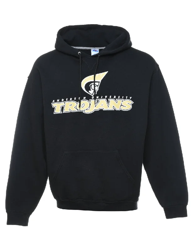 Black Trojan Printed Hoodie - L Hoodie with Hem Embroidery Detailed Premium