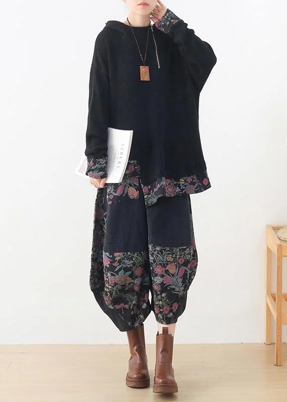 20 new zipper asymmetric black print Hoodie and patchwork wide leg pants Comfortable Jogging Pants