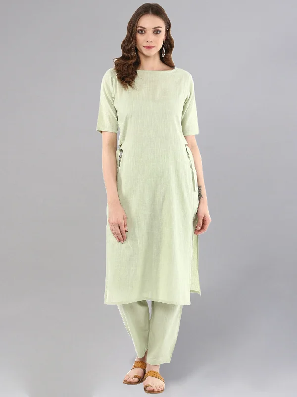 Women's Sage Green Straight Kurta With Pants - Idalia Comfortable Pleated Pants