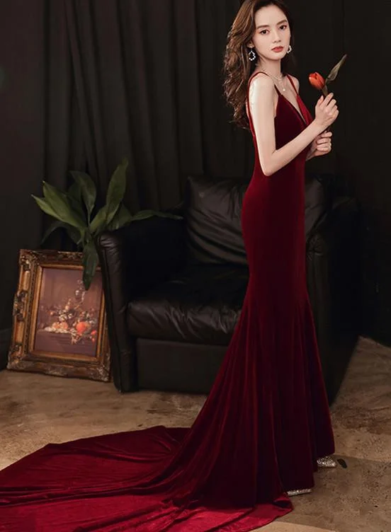 Charming V-Neckline Mermaid Velvet Evening Gown Wedding Party Dress, Dark Red Long Prom Dress     cg22572 Tunics Short Trendy