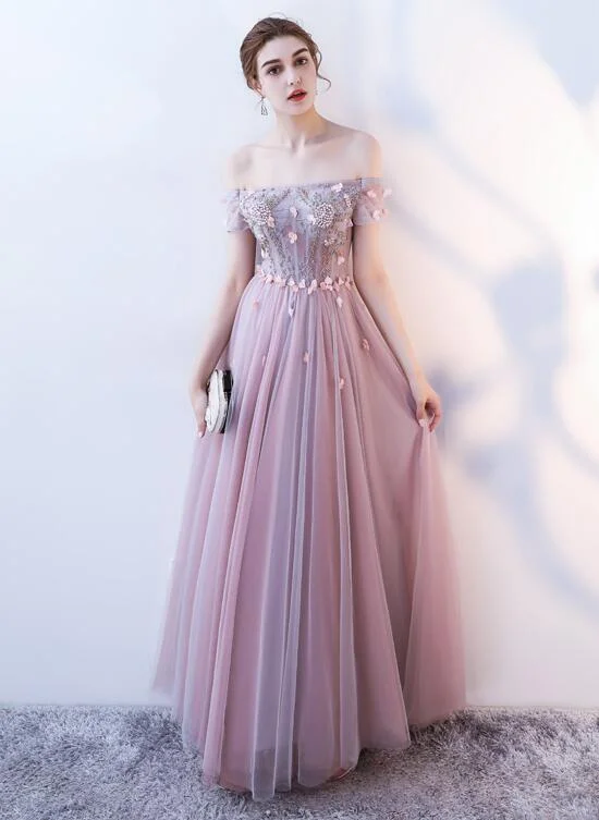 Pink Tulle Flowers And Beaded Long Off Shoulder Prom Dress, A-Line Pink Party Dress   cg21828 Tunics Wedding white