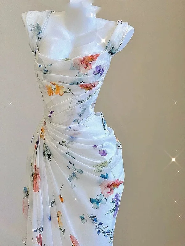 Pretty Straps Floral Chiffon Mermaid Long Party Dress, DP4208 Boatneck Modish Everyday