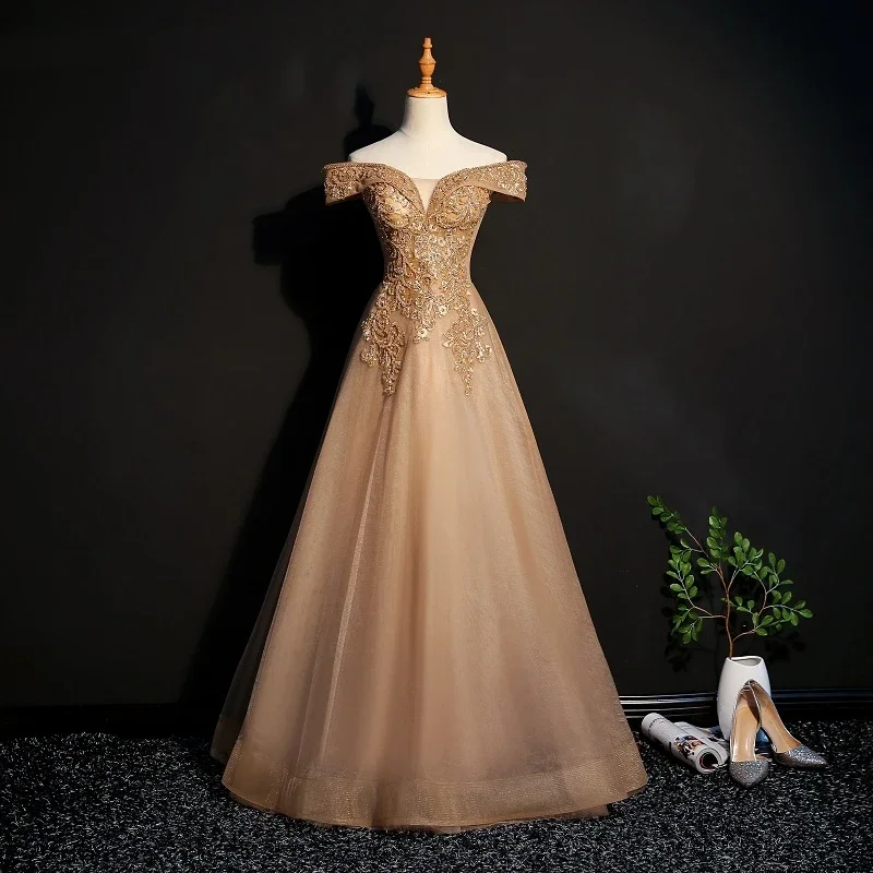 Champagne Tulle Off Shoulder Lace Applique Party Dress, A-Line Floor Length Long Evening prom Dress   cg21829 Tunics Party sparkling