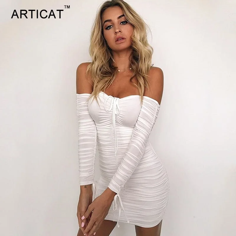 Articat Women Autumn Winter Bandage Dress Women 2018 Sexy Off Shoulder Long Sleeve Slim Elastic Bodycon Party Dresses Vestidos Turtleneck Neckline Stylish