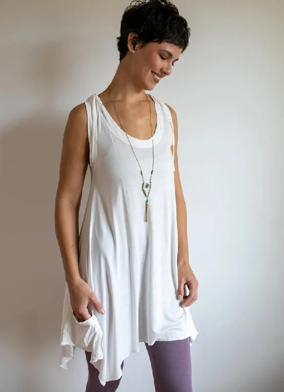 Pixie Sleeveless Hoodie Dress in White Bamboo Fabric Hoodie with Hem Contrast Bold Stylish