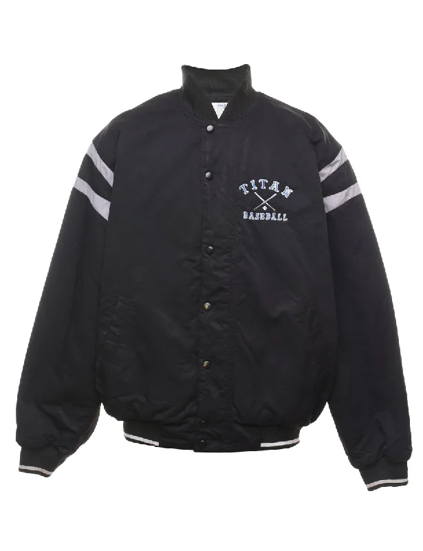 Russell Athletic Baseball Design Embroidered Black & Grey Bomber Jacket - L Lightweight Loungewear Bomber