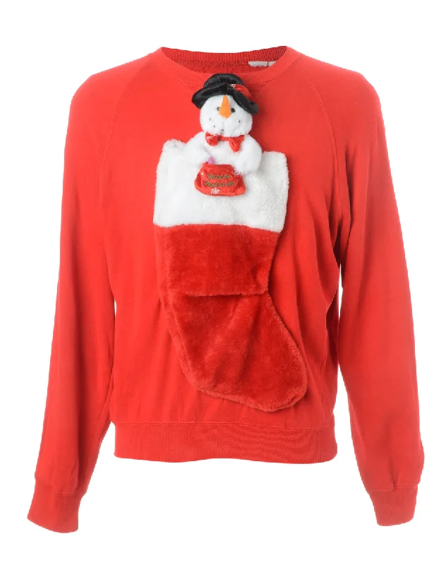 Reworked Novelty Christmas Sweatshirt - L Hoodie with Cuffed Sleeves Snug Secure