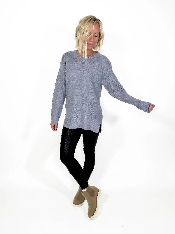 Boyfriend Waffle Sweater- SLATE BLUE