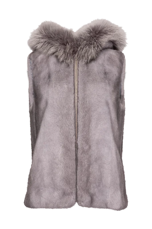 Hooded Zip-Up Sapphire Mink Fur Vest - Fox Fur Hood Trim