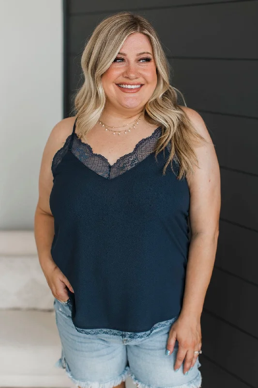 In My Heart Lace Trimmed Tank Top- Navy