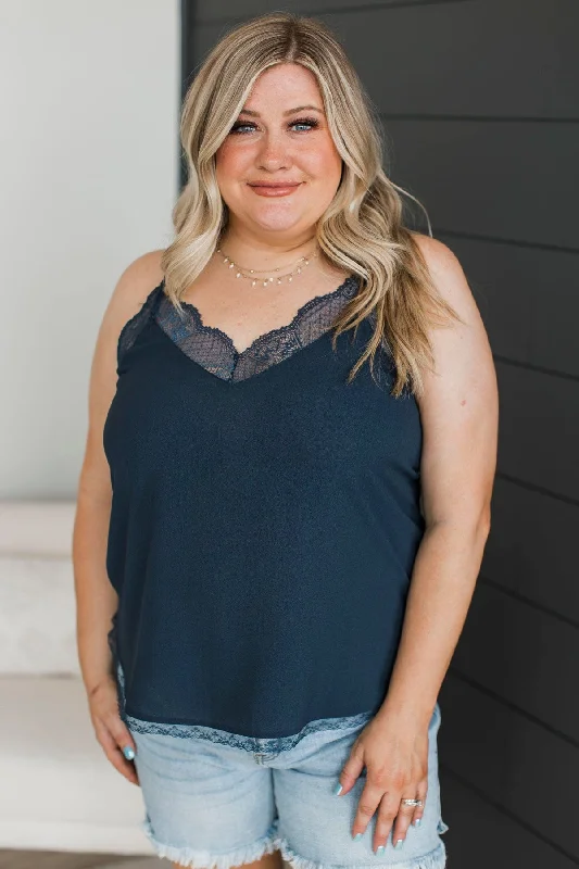 In My Heart Lace Trimmed Tank Top- Navy