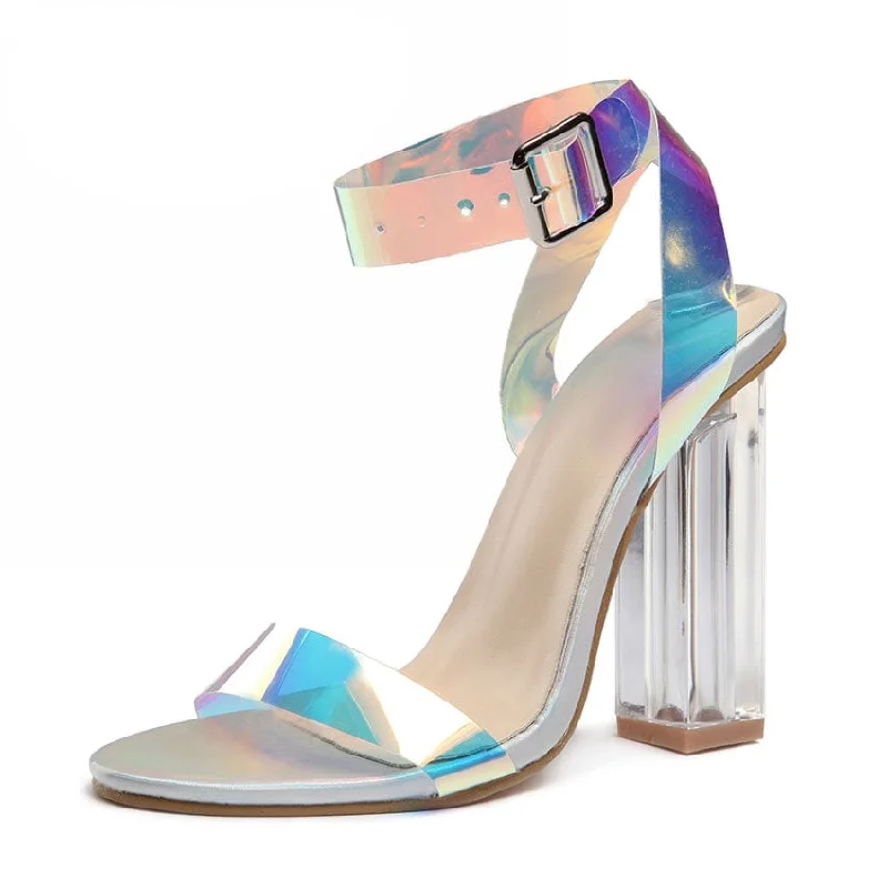 Nudist Sandal Style PVC Women Sandals Open Toe High Heel Sandals Transparent Band Sandals 11cm Buckle Pumps (+)